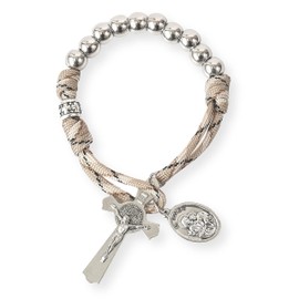 Nazareth Store Strong Military One Decade Paracord Rosary Silver Beads Pocket Car Rosary Pray For Us St. Joseph Medal & St. Benedict Cross (Brown Paracord Rosary)