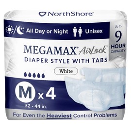NorthShore MegaMax AirLock Breathable 9-Hour Heavy-Duty Tab-Style Adult Diapers, Medium, Starter Pack of 4, White, 32-44 inches, Unisex Incontinence Underwear
