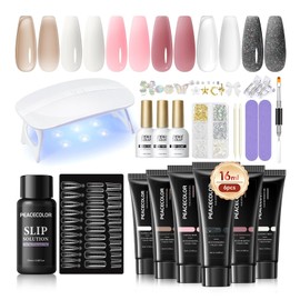 PEACECOLOR Poly Nail Gel Starter Set, 6 Colours, Poly Nail Gel with UV Lamp, Slip Solution, Top Base Coat, DIY Salon, for Home Use