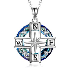 SHEAISRS Compass Necklace for Women 925 Sterling Silver Crystal Circle Pendant Friendship Talisman Travel Necklace Graduation Gifts for Daughter and Friends