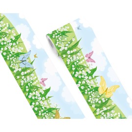 FLFK Wallpaper Borders Blue Sky White Clouds Butterflies Wallpaper Borders Removable Stickable Wallpaper Borders for Living Room Bedroom Kids Room Kitchen Bathroom Decor 4" x 240"(Green)