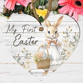 First Easter Wooden Heart Plaque | Vintage Girl Rabbit Design | 'My First Easter' Keepsake | Home Decor, Gift Hampers, Tree Ornaments | Spring Decor & Cherished New Beginnings Gift