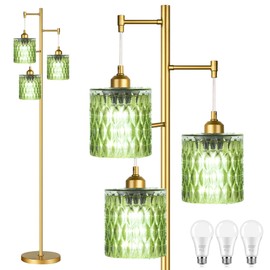 AHDWDW Gold Floor Lamp for Living Room Bedroom,3 Lights Vintage Tree Floor Lamps with Green Glass Shades,Mid Century Modern Floor Lamp for Corner Office,68IN Unique Tall Standing Lamp with Bulbs