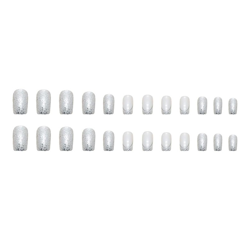 Cubahop 24 Pieces Short Square Silver Gradient Glitter False Nails