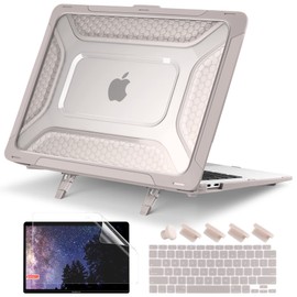Batianda Protective Case for MacBook Air 13 inch 2021 2020 Release A2337 M1 A2179 A1932 Model Touch ID,Heavy Duty Honeycomb Hard Shell with Slim TPU Bumper and Fold Kickstand & Keyboard Cover, Khaki