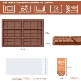 6 Cavities Chocolate Bar Mold Deep with 100pcs Storage Bags and 100pcs Stickers, Non-Stick Rectangle Wax Melt Silicone Molds for DIY Chocolate Molds Gift (6 Cell 10 Section)