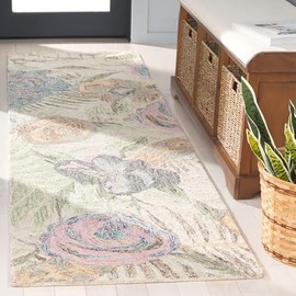 Safavieh Blossom Collection Area Rug - 2'3" x 8' Runner, Green/Pink, Geometric Design, Ideal for High Traffic Areas in Living Room, Bedroom, Dining (BLM553Y)