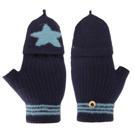 Mittens with Button Flap Fingerless Half Gloves for Children Winter Warm Knitted Gloves Finger Gloves Winter Gloves 3-9 Years Old Boys Girls, Navyblau-Star