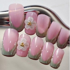 Green French Press on Nails Medium Square Fake Nails 3D Flower Embossed Designs Glossy False Nails Full Cover Acrylic Nails Stick on Nails for Women Nail Art Decoration 24 Pcs