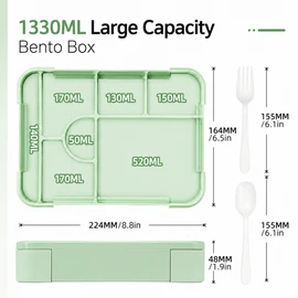 45 oz Leakproof Bento Lunch Box for Adults, Microwave Safe Meal Prep Container with 6 Compartments, Utensils & Sauce Cup