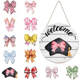 Yousoontic Interchangeable Coquette Bow Seasonal Welcome Sign for Front Door Wooden Seasonal Bow Door Decor Welcome Wreath Housewarming Gift for Porch Farmhouse Outdoor Spring Easter Holiday