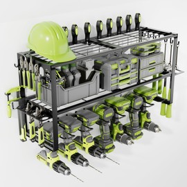 Power Tool Organizer Wall Mount, 3 Layer Heavy Duty Tool Storage Rack with 7 Cordless Drill Holders, 150Lbs Load Utility Racks for Garage, Workshop, Shed, Basement, Ideal Organizer for Men, Husband