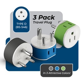 OREI India, Nepal, Maldives Power Plug Adapter with 2 USA Inputs - Travel 3 Pack - Type D (US-10) Safe Grounded Use with Cell Phones, Laptop, Camera Chargers, CPAP, and More