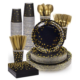 Lzerking 364 PCS Black and Gold Party Supplies, 52 Sets of Disposable Dinnerware Includes Paper Plates Cups Napkins, Plastic Knives Forks Spoons, Ideal for Birthday Graduation Wedding Festivals
