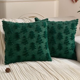 Christmas Tree Pillow Covers 18x18 Inch Set of 2, Dark Green Decoration Soft Fluffy Winter Lumbar Pillow Covers for Couch Sofa Bedroom Holiday Festivals Home Decor