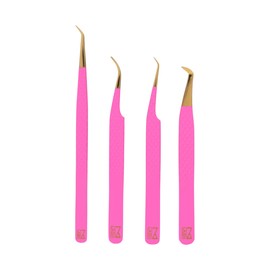 M LASH Premium Japanese Stainless Steel Fiber Tip Eyelash Extension Tweezers Set - Lash Extension and Individual Lash Kit Supplies Must-Haves for Lash Tech (Pink)
