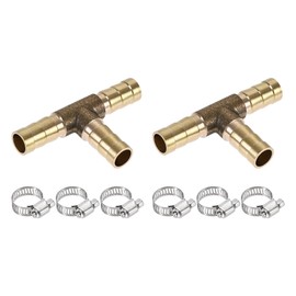 sourcing map Barb Hose Fitting 8mm OD Tee T Shape Pipe Connector Brass 2Pcs with 6Pcs 6-12mm Hose Clamps