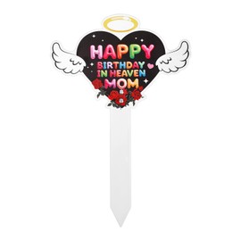 Fukaisu Happy Birthday in Heaven Mom, 30x20cm/11.8x7.9in Large Heavenly Birthday Decoration Heart Metal Memorial Plaque Stake for Cemetery Grave Garden Yard Site Outdoor Decor Accessories