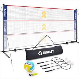 Patiassy 5.1ft-7.4ft Adjustable Height Volleyball Badminton Net Set 17ft Portable Sports Net with Poles, 4 Badminton Rackets, 3 Shuttlecocks and 1 Volleyball for Indoor Outdoor (Blue)