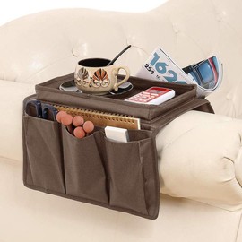 Sofa Armrest Organizer with Cup Holder Tray Chair Arm TV Remote Holder for Recliner Couch Armchair Bedside Storage Pockets Bag for Cellphone Tablet Book Magazines Drinks Holder Pouch - Color: Coffee, with Top Tray