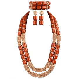 Hibeads Nigerian Wedding African Beads Jewelry Set Women Imitation Coral Bead and Gold Accessorise 23.5 Inch Long Necklace Earrings and Bracelets