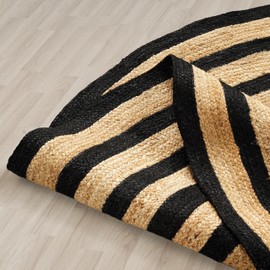 GRUHUM Round Jute Black Area Rugs 5ft Natural Fibre Rug with Rings Handwoven Boho Reversible Farmhouse Braided Rustic Vintage Rug Indoor Kitchen Bedroom Living Room Hallways Enterways 5 feet Circle