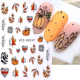 Thanksgiving Maple Leaf 3D Self-Adhesive Nail Art Stickers Fall Pumpkin Nail Decals Autumn Nail Stickers for Women Girls Kids DIY Nail Decoration Charms 6 Sheets
