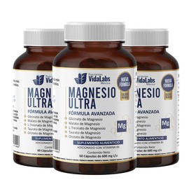 Paquete de 3 Frascos Magnesio Ultra VidaLabs 60 Capsulas por Frasco Contiene 5 Tipos de Magnesio de Amplio Espectro Calidad Premium + Vitamina B6