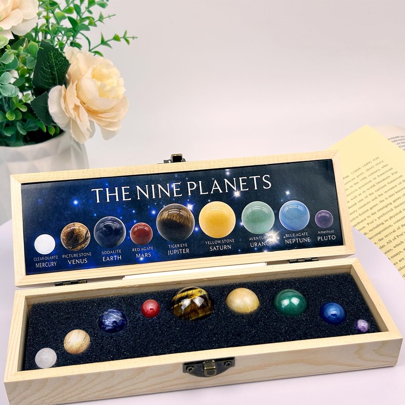 Handcrafted Solar System Model 9 Planets Natural Gemstones Sphere –