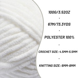Chunky Chenille Yarn for Crocheting，Baby Yarn for Crocheting Soft Blankets，Bulky Yarns for Crochet Amigurumi，2×100g (2×74.3yds) Fluffy Velvet Yarns for Hand Knitting（2 White）
