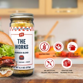 PS Seasoning The Works Burger Seasoning - All-Purpose Rub, Smash Burger and Steak Seasoning for Grilling - Spice Blend with Ketchup, Mustard, and Pickles - Great for Patties, Pizza, Fries, Chicken, 6.1oz