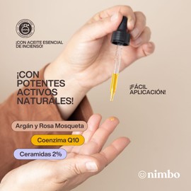 NIMBO. Aceite para masaje y de humectación facial antiedad (Rosa mosqueta, argán, jojoba, incienso). Adicionado con Vitamina Q10 y ceramidas. Ligero No comodegénicos. 55 ml.