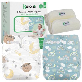 Kolo Reusable Nappies - Washable Cloth Nappy Set: 2 Washable Adjustable Cloth Nappies with 2 Bamboo Inserts. Cloth Nappies 100% Environmentally Friendly