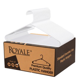 ROYALE Plastic Hangers 60 Pack - White Plastic Hangers - Clothes Hanger with Hooks – Heavy Duty Space Saving Coat Hangers Ideal for Everyday Use for Tops, Skirt, Dress, Shirts, Pants (60 Pack, White)