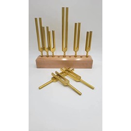 Solfeggio Set of 9 Gold Color Unweighted Tuning Fork Set with Solid Wood Tuning Fork Holder a Bag and 4 Strikers