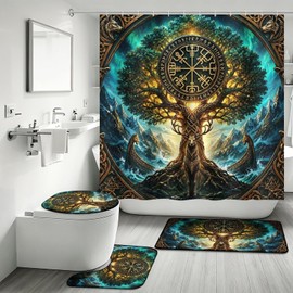 Tree of Life 4 Piece Shower Curtain Set Decorative Bathroom Set 3 Rugs