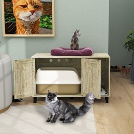 TaoHFE Hidden Cat Litter Box Enclosure Furniture with Cat Scratch Pad Farmhouse Enclosed Cat Litter Boxes Cabinet Furniture with Doors Wooden Indoor Cat Box House Fit Most of Litter Box,Oak