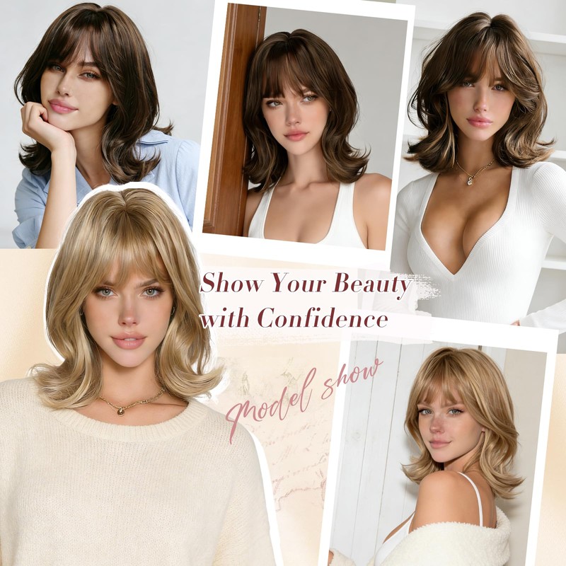 FESHFEN Shoulder Length Bob Wigs with Bangs for Women -