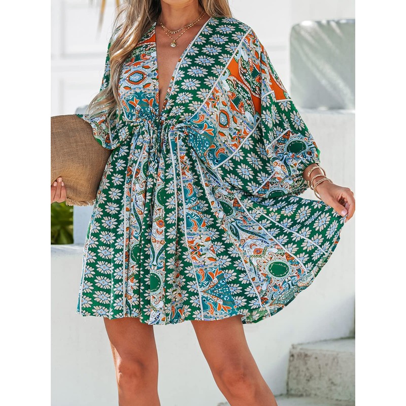 CUPSHE Women Casual Boho Sundress Summer Floral Print Tie Front