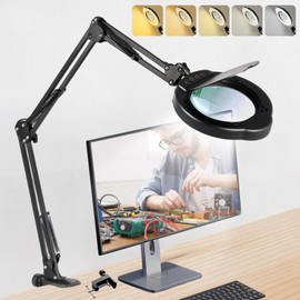 12XMagnifying Glass with Light and Stand|Magnifying Lamp with 3-Section Swing Arm,5 Color Modes LED Lighted Magnifier Lamp for Workbench (Black(Ultra Long))
