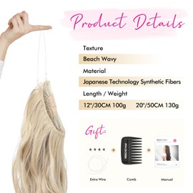 REECHO Invisible Wire Hair Extensions with Thinner Softer Lace Weft Adjustable Size Removable Secure Clips in Wavy Secret Hairpiece for Women 12 Inch (Pack of 1) - Dark Ash Blonde
