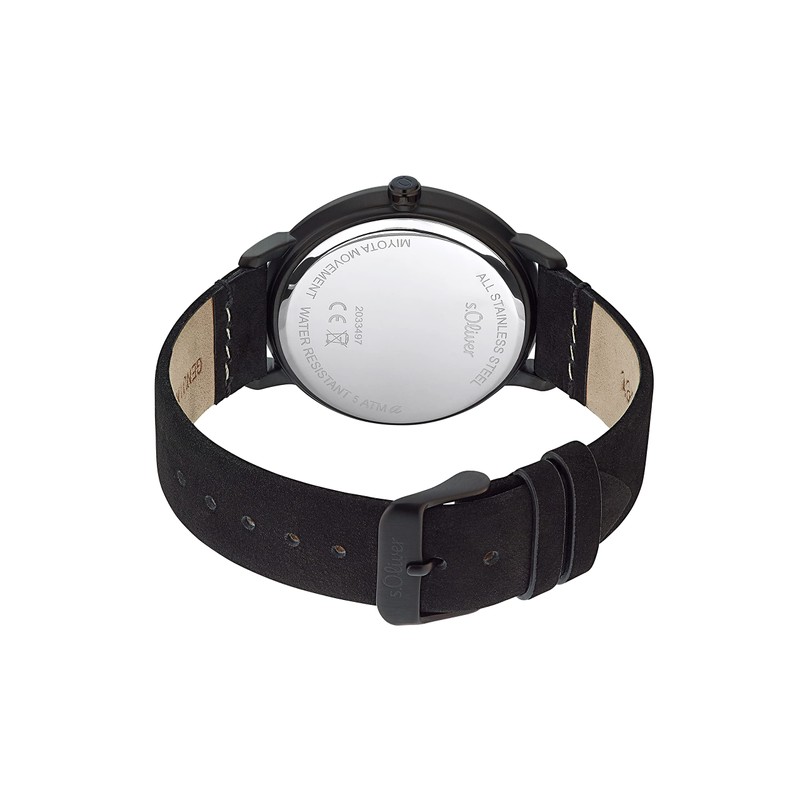 s.Oliver 2033497 Men's Quartz Watch Analogue with Leather Strap, Black,