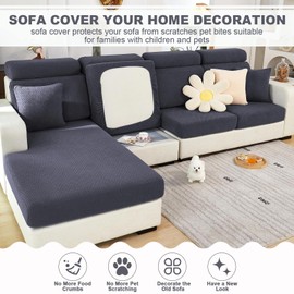 ShowyLive Funda de sofá universal resistente al desgaste fundas de cojín elásticas de repuesto antideslizantes en forma de L, para chaise lounge (tela gris oscuro, funda de asiento individual grande)