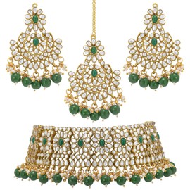 Aheli Faux Pearl Choker Necklace with Earrings Indian Traditional Bollywood Jewelry Set for Women Girls (Green Stone-Floral Chandbali)