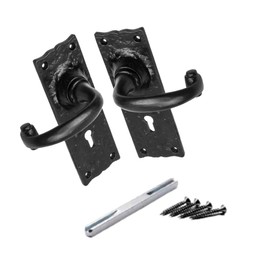 Pair of Black Antique Cottage Handle Lever Locks Hammered Victorian Lever Lock Door Handles Keyholes ON Back Plate with Spindle and Fixing Screws.