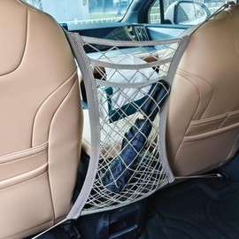 3-Layer Car Mesh Seat Back Organizer, Backseat Pets Kids Barrier for Safe Driving, Stretchable Driver Storage Netting Pouch, Cargo Tissue Purse Holder Between Seats, Car Net Pocket Bag (Beige)