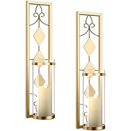 2 Set Wall Sconces Candle Holders Metal Wall Decorations Antique-Style Metal Sconces with Battery Operated Candles for Living Room, Bathroom, Dining Room, Patio or Office (Gold)