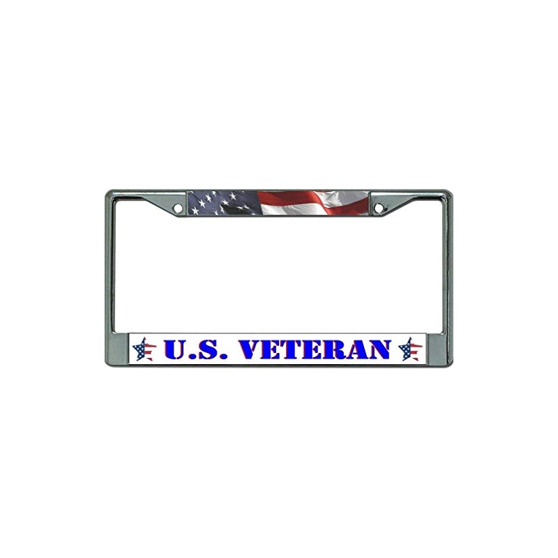 U.S. Veteran with Wavy American Flag Chrome License Plate Frame