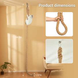 AquaLume Extra Long 7.9Ft Jute Rope Cat Wall Climber - Heavy Duty Wall Mounted Cat Climbing Pole with Secure Hooks, Indoor/Outdoor Furniture for Active
