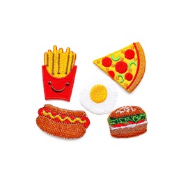PL Set of 5 Tiny. Mini Fast Food Pizza Hamburger French Fries Fried Egg hot Dog Cute2 Cartoon sew Iron on Embroidered Applique Badge Sign Patches Clothing Costume